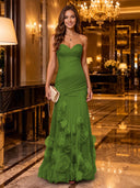 Strapless Mermaid Ruched Chiffon Long Evening Dresses with 3D Flower