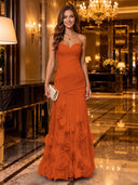 Strapless Mermaid Ruched Chiffon Long Evening Dresses with 3D Flower