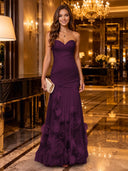 Strapless Mermaid Ruched Chiffon Long Evening Dresses with 3D Flower