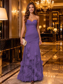 Strapless Mermaid Ruched Chiffon Long Evening Dresses with 3D Flower