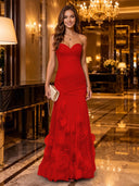 Strapless Mermaid Ruched Chiffon Long Evening Dresses with 3D Flower