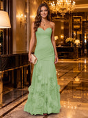 Strapless Mermaid Ruched Chiffon Long Evening Dresses with 3D Flower