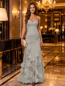 Strapless Mermaid Ruched Chiffon Long Evening Dresses with 3D Flower