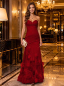 Strapless Mermaid Ruched Chiffon Long Evening Dresses with 3D Flower