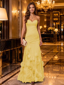 Strapless Mermaid Ruched Chiffon Long Evening Dresses with 3D Flower