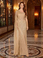 One Shoulder Mermaid Ruched Sequin Long Evening Dresses with Cape