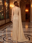 One Shoulder Mermaid Ruched Sequin Long Evening Dresses with Cape