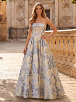 Floral Jacquard Strapless A Line Ruched Long Evening Dresses