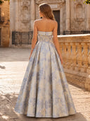 Floral Jacquard Strapless A Line Ruched Long Evening Dresses