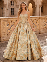 Floral Jacquard Strapless A Line Long Evening Dresses with Bow
