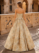 Floral Jacquard Strapless A Line Long Evening Dresses with Bow
