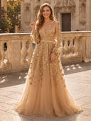 Floral Lace Tulle Deep V Neck Puff A Line Long Evening Dresses with Sleeves