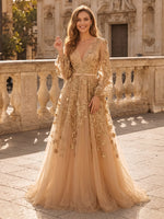 Floral Lace Tulle Deep V Neck Puff A Line Long Evening Dresses with Sleeves