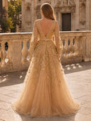 Floral Lace Tulle Deep V Neck Puff A Line Long Evening Dresses with Sleeves