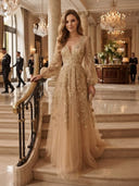 Floral Lace Tulle Deep V Neck Puff A Line Long Evening Dresses Long Sleeves Prom Dresses