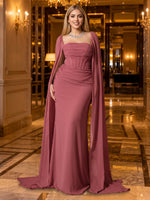 Mermaid Ruched Square Neck Chiffon Long Evening Dresses with Cape Sleeves