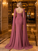 Mermaid Ruched Square Neck Chiffon Long Evening Dresses with Cape Sleeves