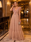 Feather V Neck Tiered Tulle Flowy Long Evening Dresses