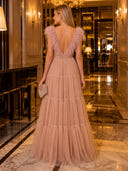 Feather V Neck Tiered Tulle Flowy Long Evening Dresses