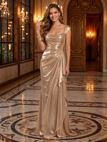 Metallic Satin Cowl Neck Draped Mermaid Long Evening Dresses