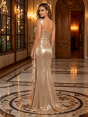 Metallic Satin Cowl Neck Draped Mermaid Long Evening Dresses