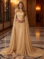 V Neck Ruched Cape Sleeves Chiffon Mermaid Long Evening Dresses with Flower