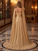 V Neck Ruched Cape Sleeves Chiffon Mermaid Long Evening Dresses with Flower