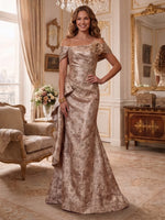 Jacquard Off Shoulder 3D Flower Ruffled Mermaid Long Evening Dresses