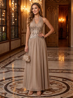 Chiffon Halter V Neck Sequin Waist Long Evening Dresses