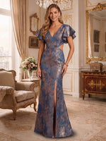 Jacquard V Neck Ruffle Sleeve Mermaid Long Evening Dresses with Slit
