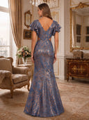 Jacquard V Neck Ruffle Sleeve Mermaid Long Evening Dresses with Slit