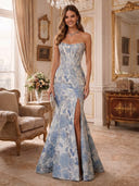 Strapless Pearl Trim Floral Jacquard High Slit  Mermaid Long Evening Dresses