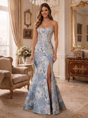 Strapless Pearl Trim Floral Jacquard High Slit  Mermaid Long Evening Dresses
