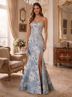 Strapless Pearl Trim Floral Jacquard High Slit  Mermaid Long Evening Dresses