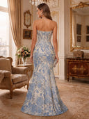 Strapless Pearl Trim Floral Jacquard High Slit  Mermaid Long Evening Dresses