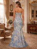 Strapless Pearl Trim Floral Jacquard High Slit  Mermaid Long Evening Dresses