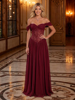 Off Shoulder Chiffon Sweetheart Neck Long Evening Dresses with Lace