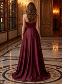 Satin Strapless Sweetheart Neck Slit Long Evening Dresses with 3D Flower