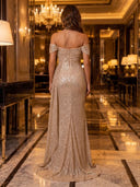 Sequin Off Shoulder High Slit Ruched Mermaid Long Evening Dresses