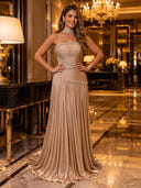 Strapless Rhinestone Pleated Metallic Satin A Line Long Evening Dresses