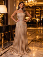 Strapless Rhinestone Pleated Metallic Satin A Line Long Evening Dresses