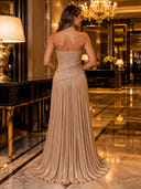 Strapless Rhinestone Pleated Metallic Satin A Line Long Evening Dresses