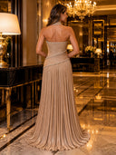 Strapless Rhinestone Pleated Metallic Satin A Line Long Evening Dresses