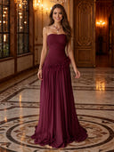 Strapless Ruched Chiffon Feather A Line Long Evening Dresses