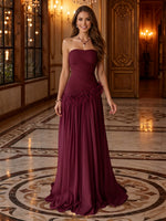 Strapless Ruched Chiffon Feather A Line Long Evening Dresses