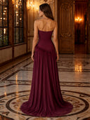 Strapless Ruched Chiffon Feather A Line Long Evening Dresses