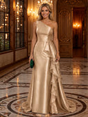 Metallic Satin One Shoulder Ruffles Mermaid Long Evening Dresses