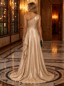 Metallic Satin One Shoulder Ruffles Mermaid Long Evening Dresses