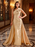 One Shoulder Bow Embroidery Mermaid Satin  Long Evening Dresses with Overskirt