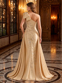 One Shoulder Bow Embroidery Mermaid Satin  Long Evening Dresses with Overskirt